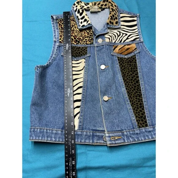 Vintage WHITTALL & SHON Denim Vest Animal Print Patchwork Leopard Zebra Size M - Picture 11 of 12